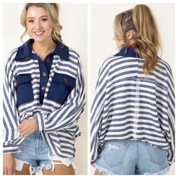 Bucketlist Navy Blue Striped Oversized Button Up Fleece Sweater Sweatshirt Sz 2X - Picture 2 of 4